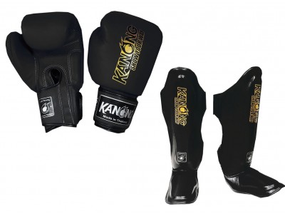 Kanong Muay Thai-handschoenen + Scheenbeschermers : Zwart